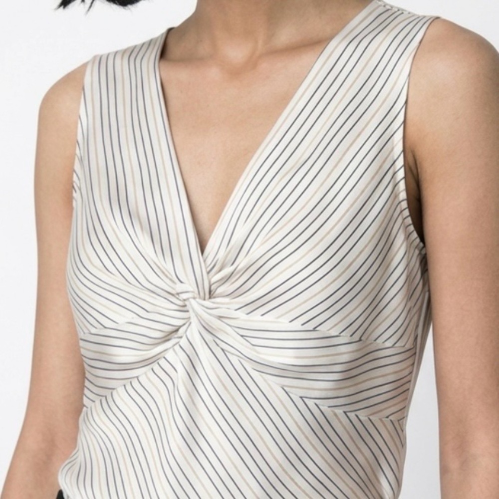 LAUNDRY By Shelli Segal Silk Cream & Black Striped V-Neck Sleeveless Top